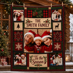 family photo blanket with 'tis the season panel clipped to a clothesline