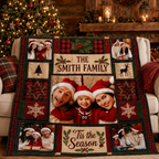 red and green plaid custom family photo blanket draped over an armchair