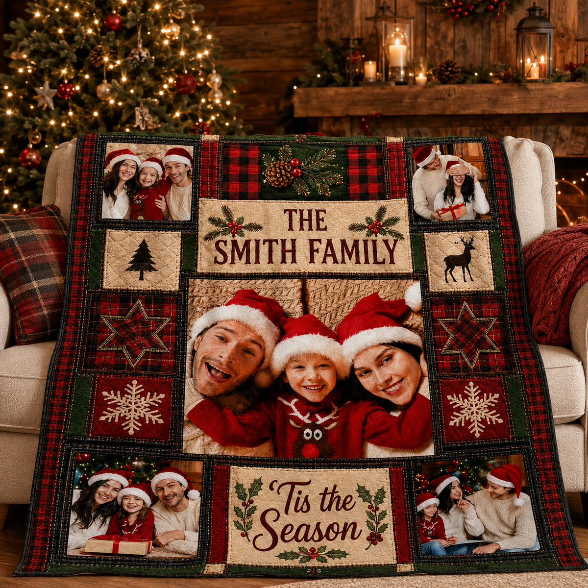 red and green plaid custom family photo blanket draped over an armchair