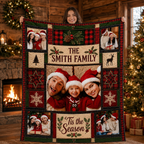 smiling woman holding up a custom family photo blanket in front