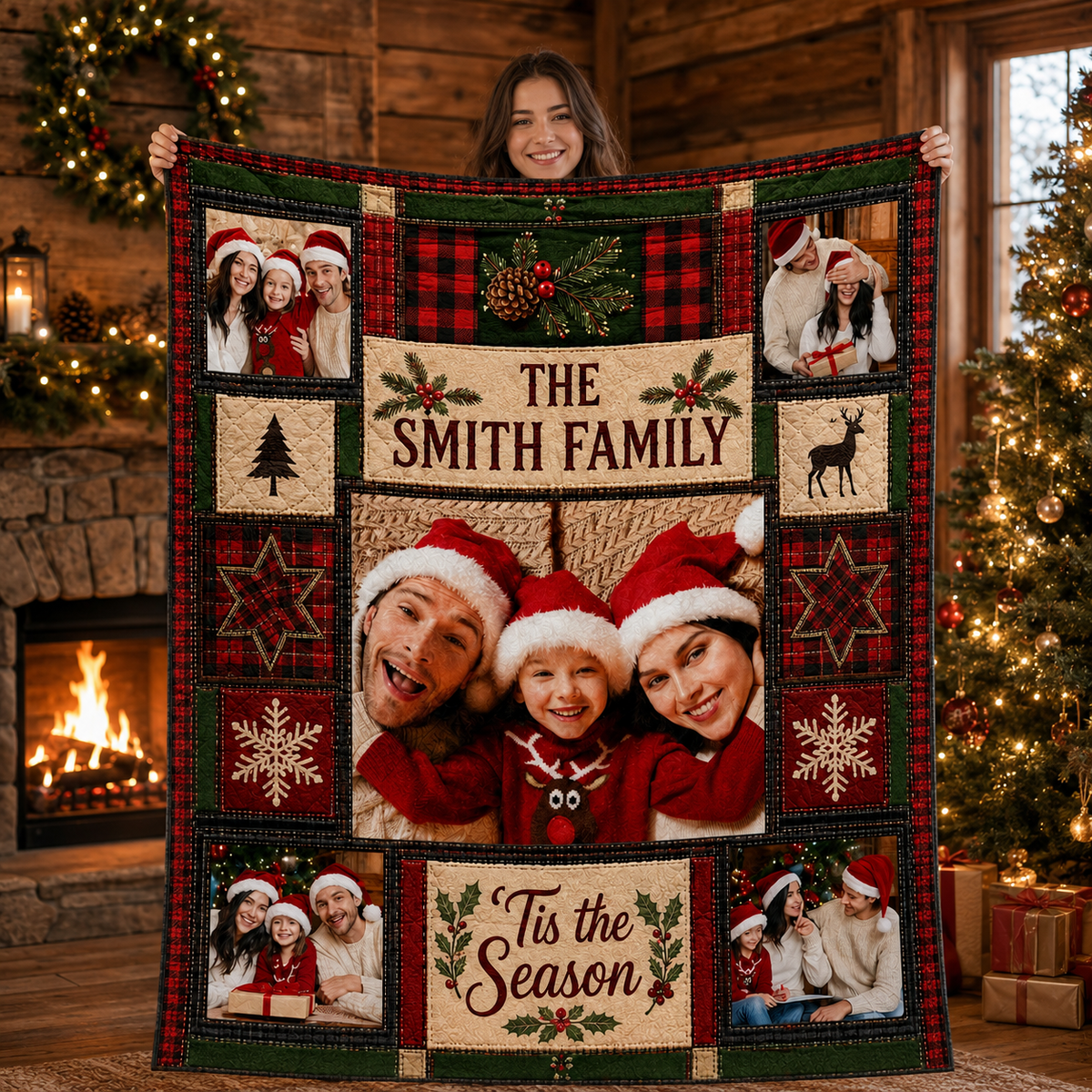 smiling woman holding up a custom family photo blanket in front