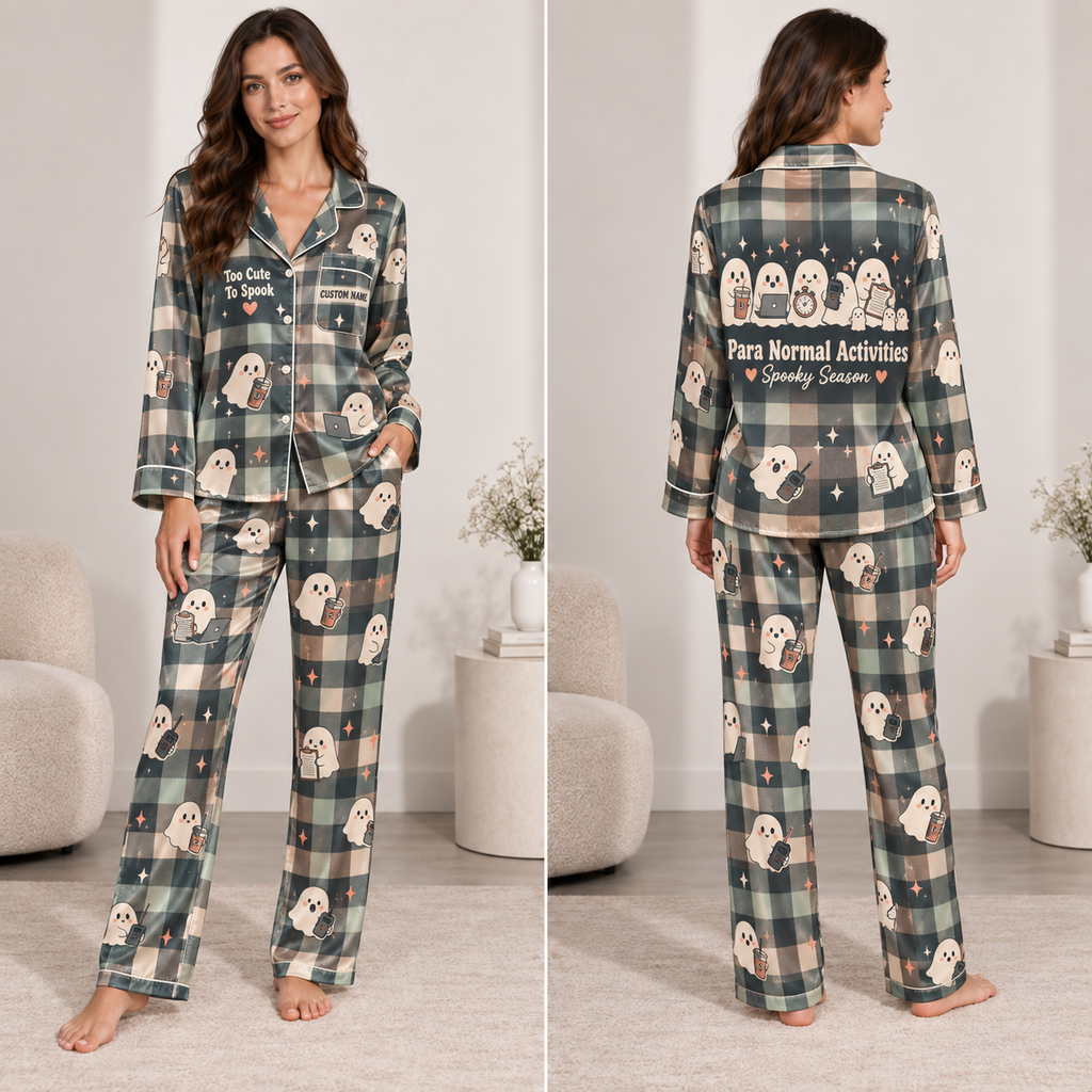 woman wearing green and navy plaid satin pajama set with ghost print
