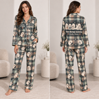 woman wearing green and navy plaid satin pajama set with ghost print