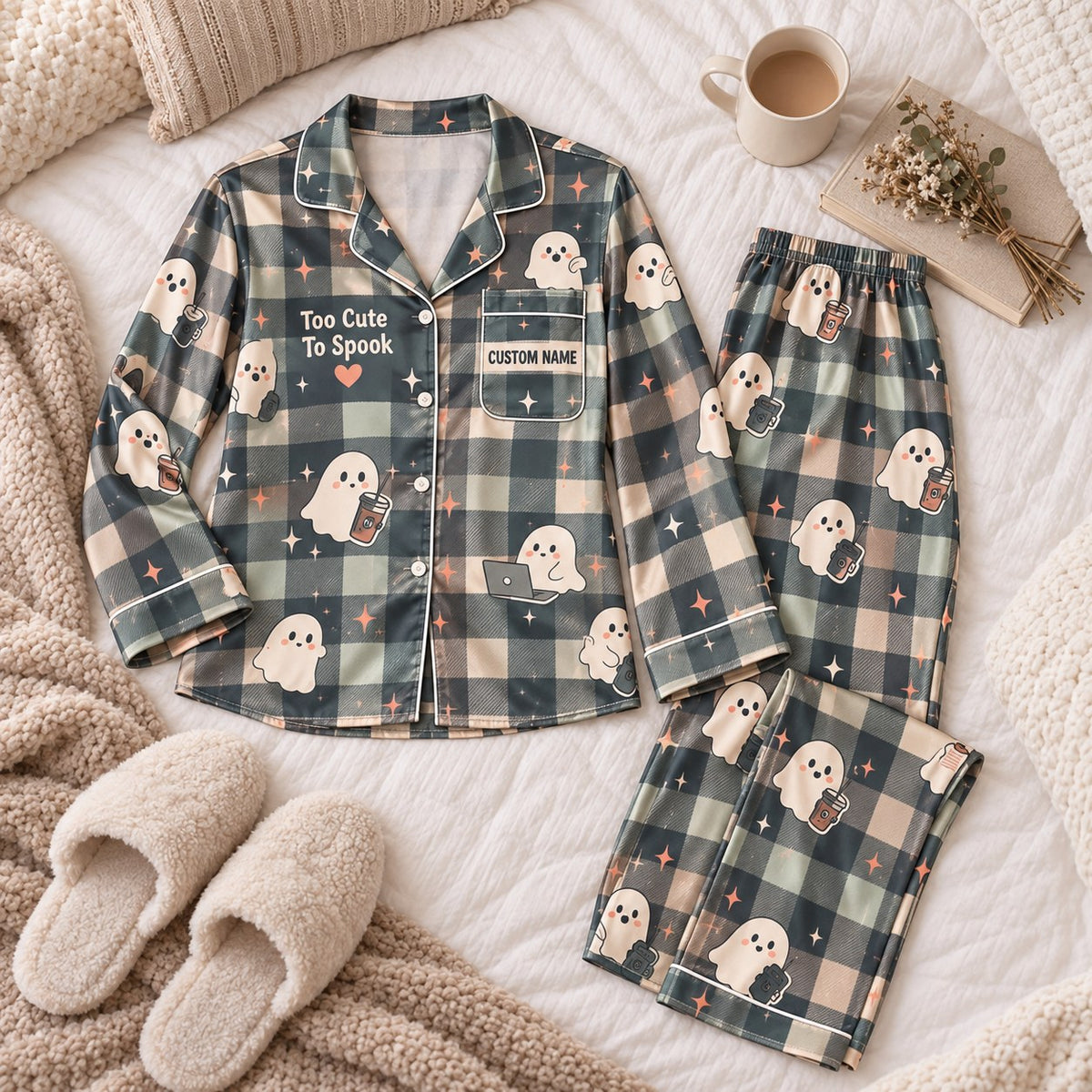 flat lay plaid ghost satin pajamas with a custom name on the chest