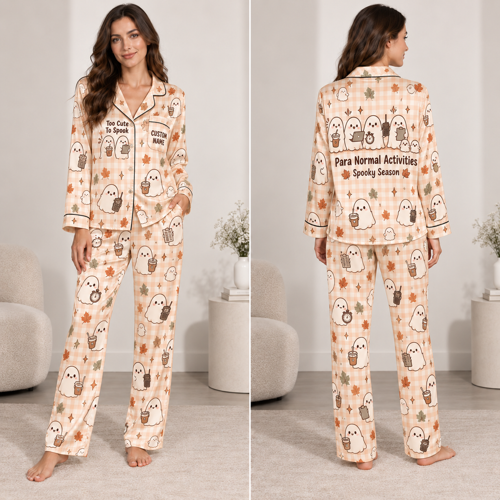 front view of a satin halloween pajama set