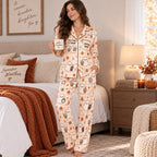 back view showing para normal activities spooky season print on satin pajamas