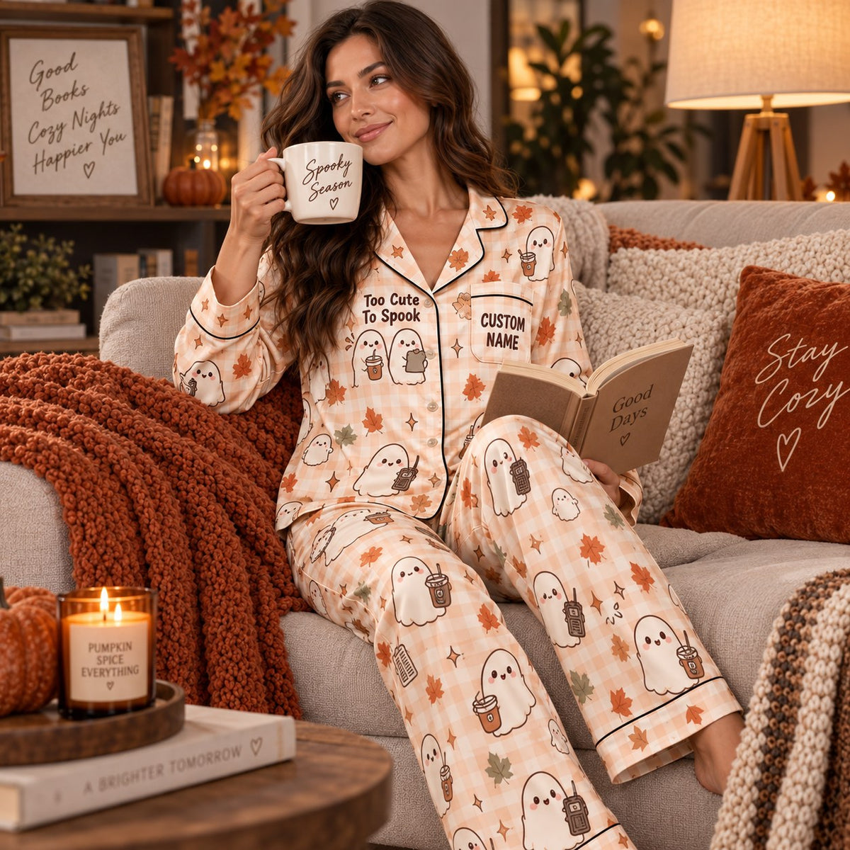 satin pajama set styled in a cozy fall bedroom