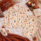 peach gingham ghost satin pajamas flat lay with a custom name on the chest