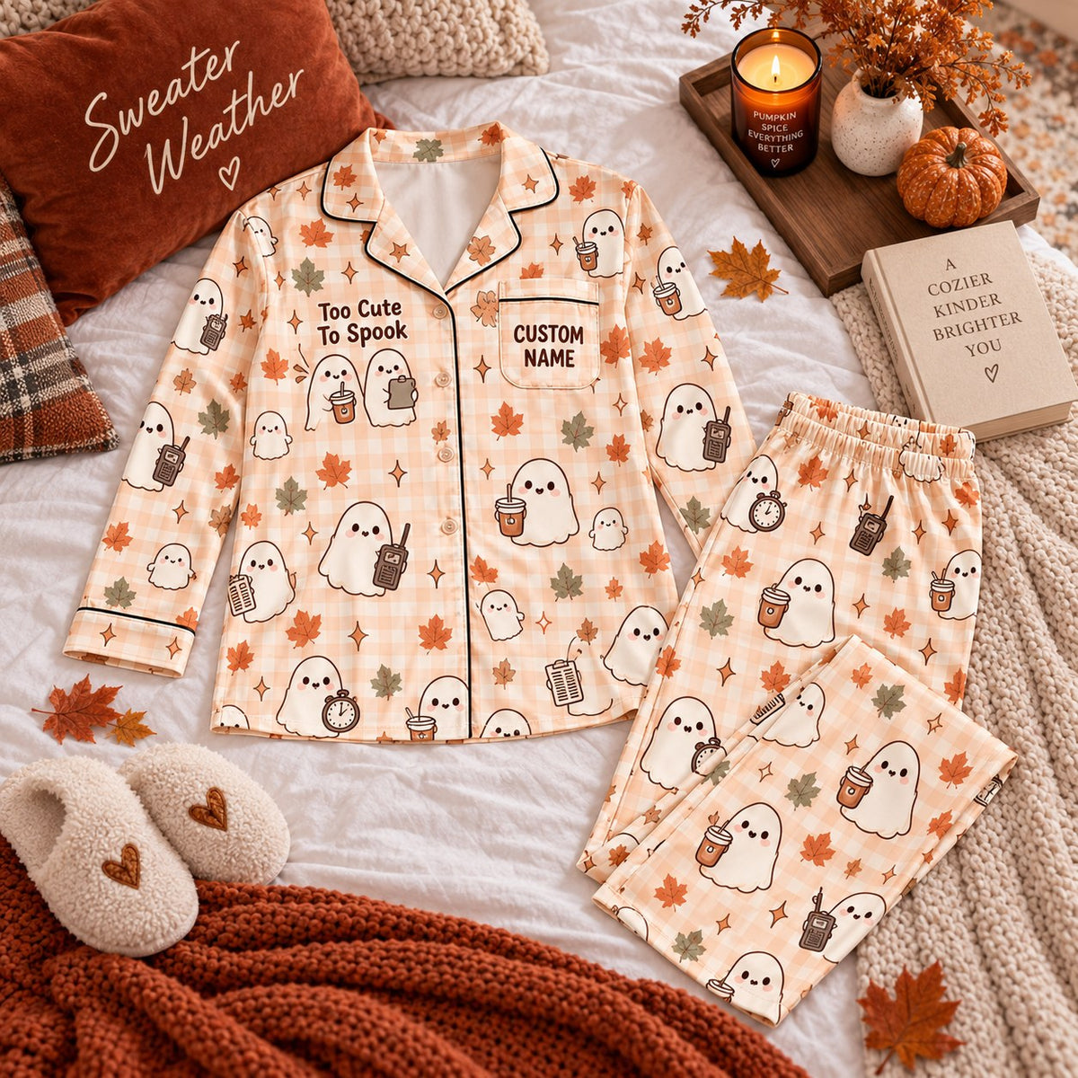 peach gingham ghost satin pajamas flat lay with a custom name on the chest