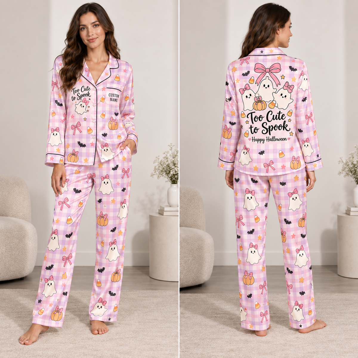 woman modeling a pink halloween satin pajama set with ghost print