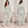 woman modeling a light green gingham halloween satin pajama set with cute
