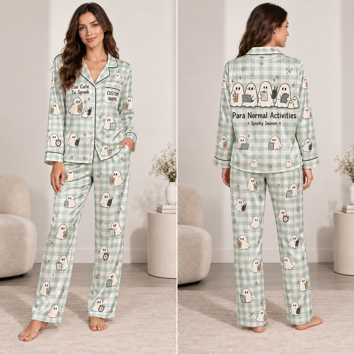 woman modeling a light green gingham halloween satin pajama set with cute