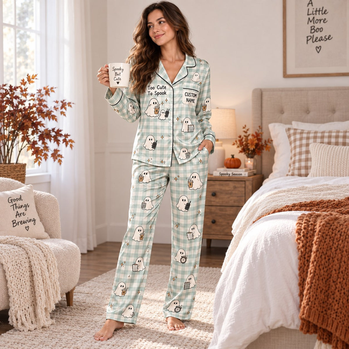back view of a ghost halloween satin pajama set showing the para