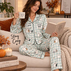 woman in a bedroom holding a spooky but cute mug