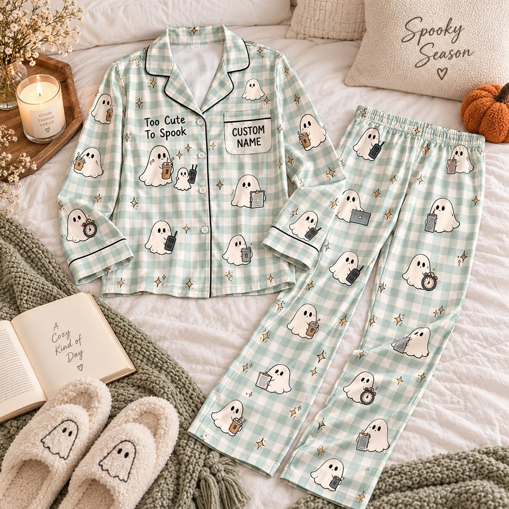 mint gingham ghost satin pajamas flat lay with a custom name on the chest