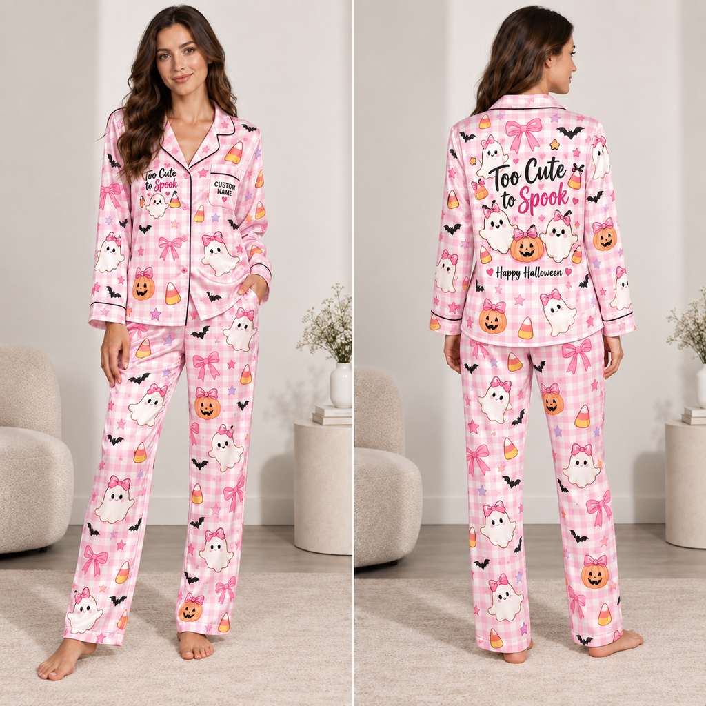 woman modeling a pink plaid halloween satin pajamas set