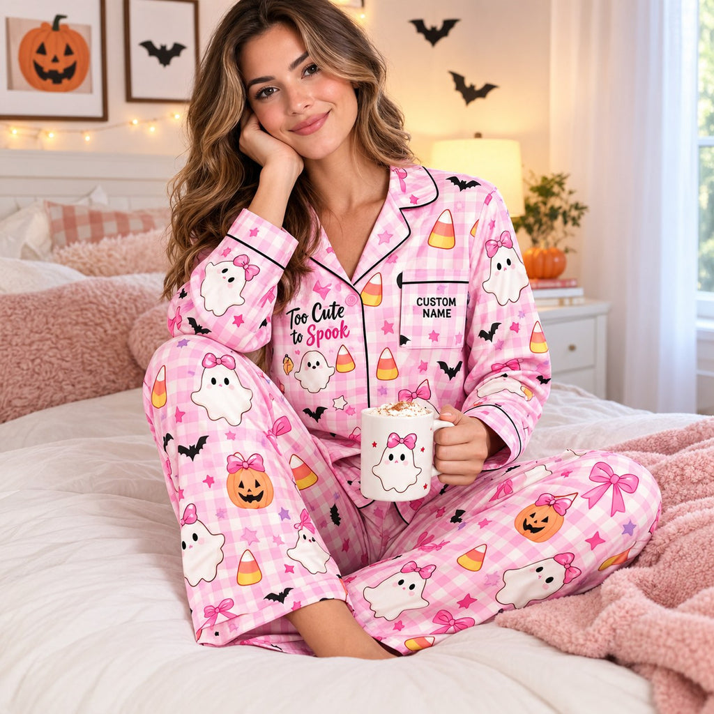 back view of a pink plaid halloween satin pajama set with too