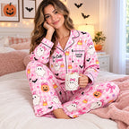 back view of a pink plaid halloween satin pajama set with too