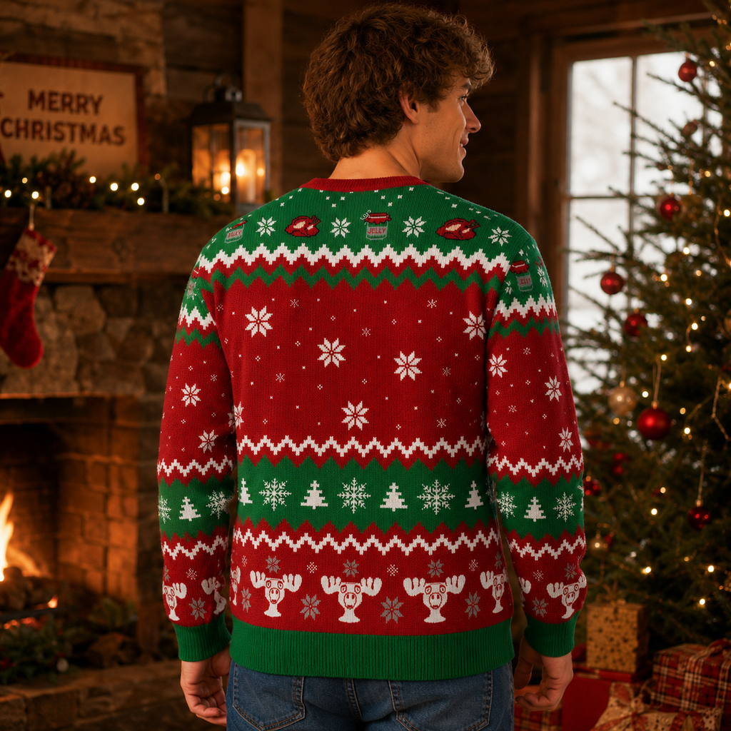 back view of a red and green knitted christmas sweater