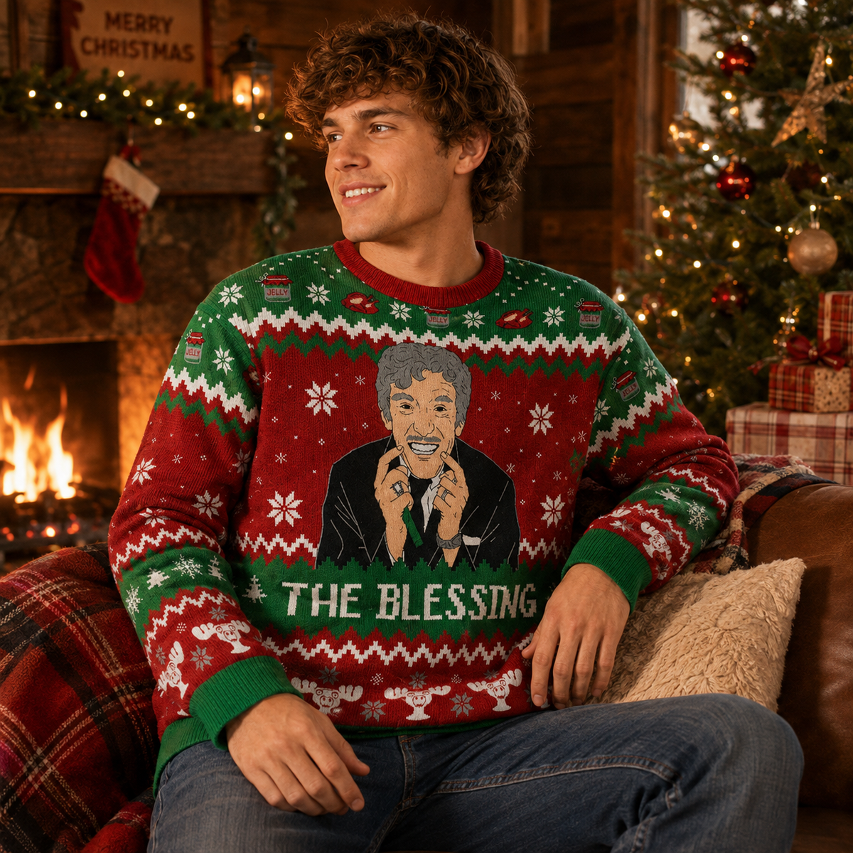 man seated wearing a holiday knit sweater by a fireplace