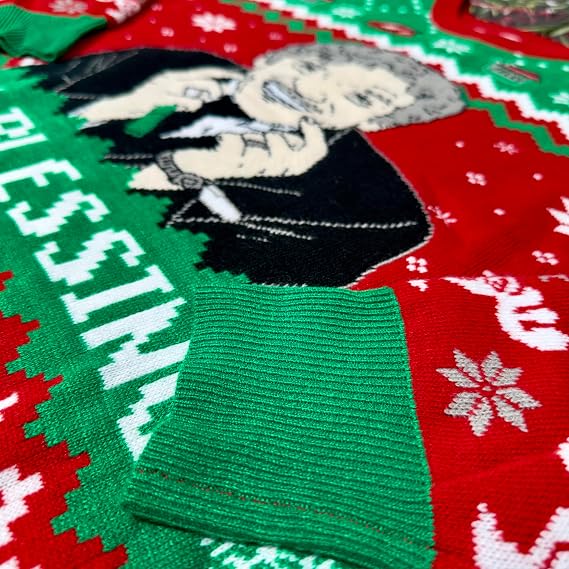 close up of the uncle lewis portrait and the blessing knit panel