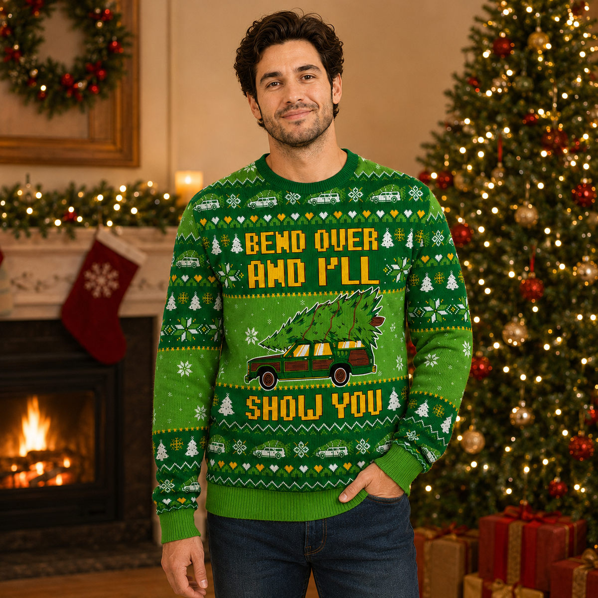 man wearing a green knit ugly christmas sweater with a station wagon