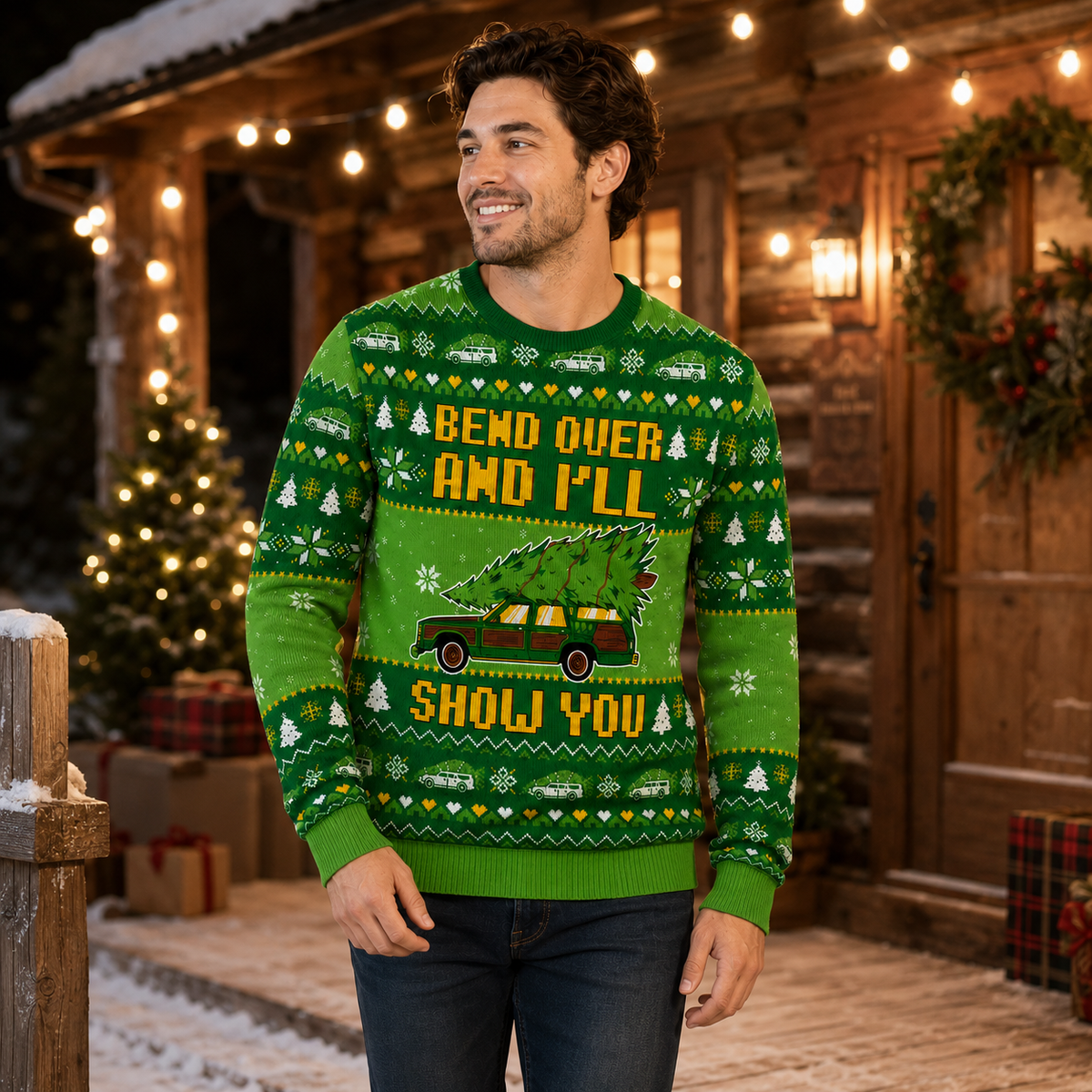 smiling man modeling the ugly christmas sweater in front of a snowy