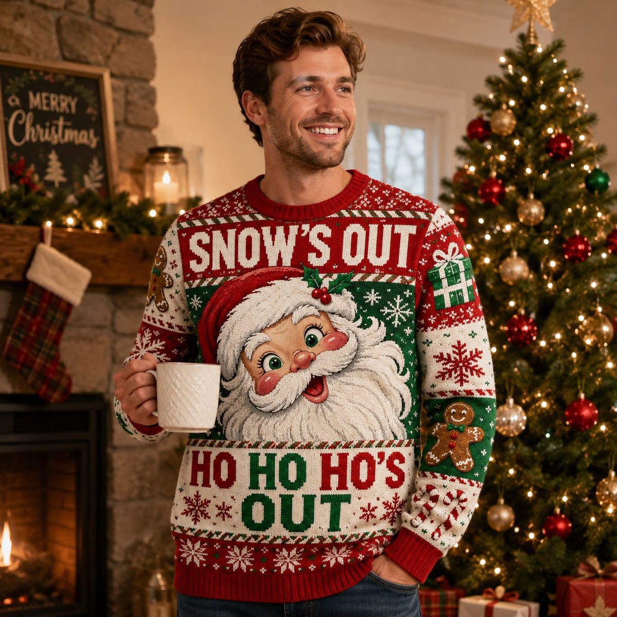 vintage santa ugly christmas sweater with ho ho ho's out print