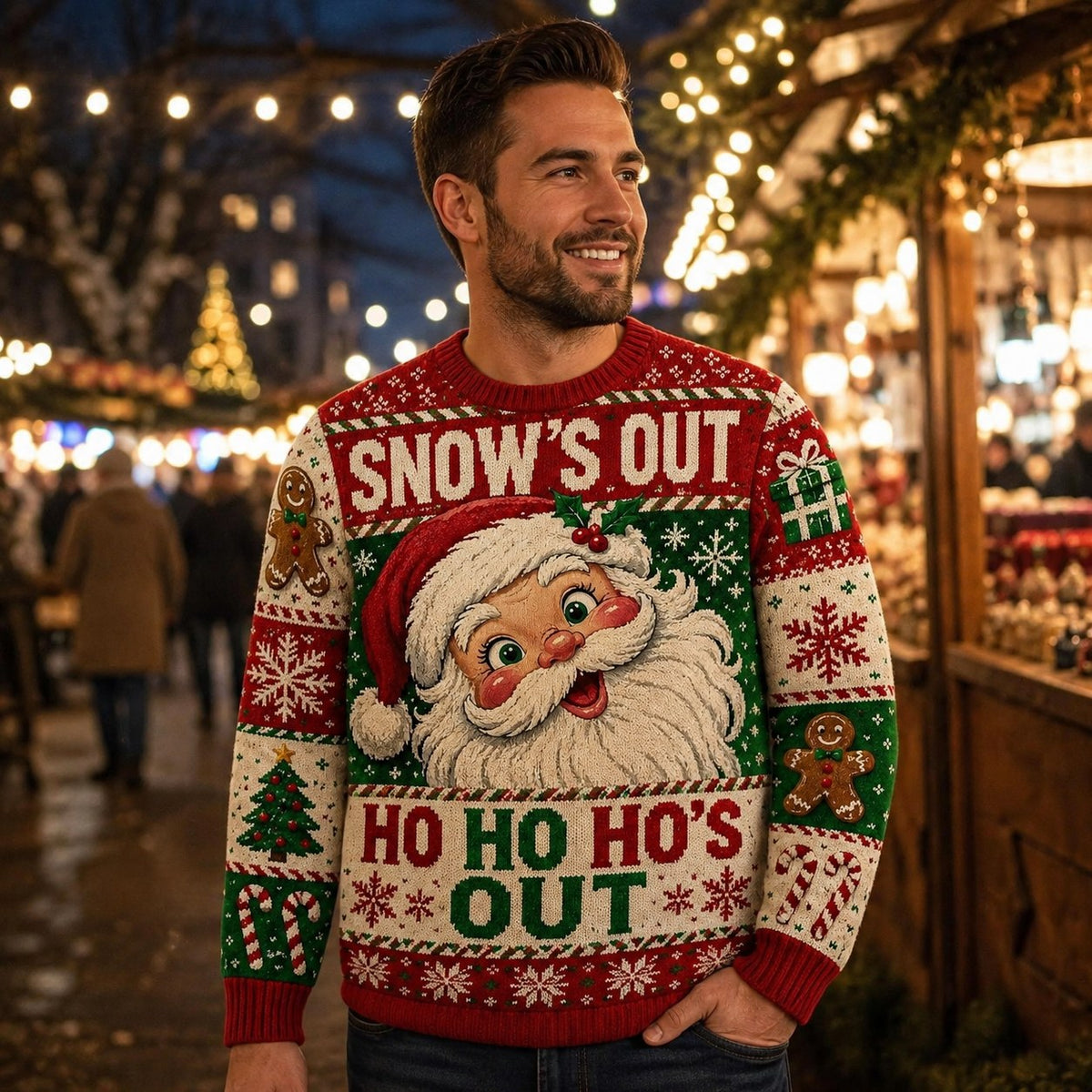 vintage santa ugly christmas sweater worn at a christmas market