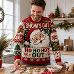 vintage santa ugly christmas sweater decorating cookies in a kitchen