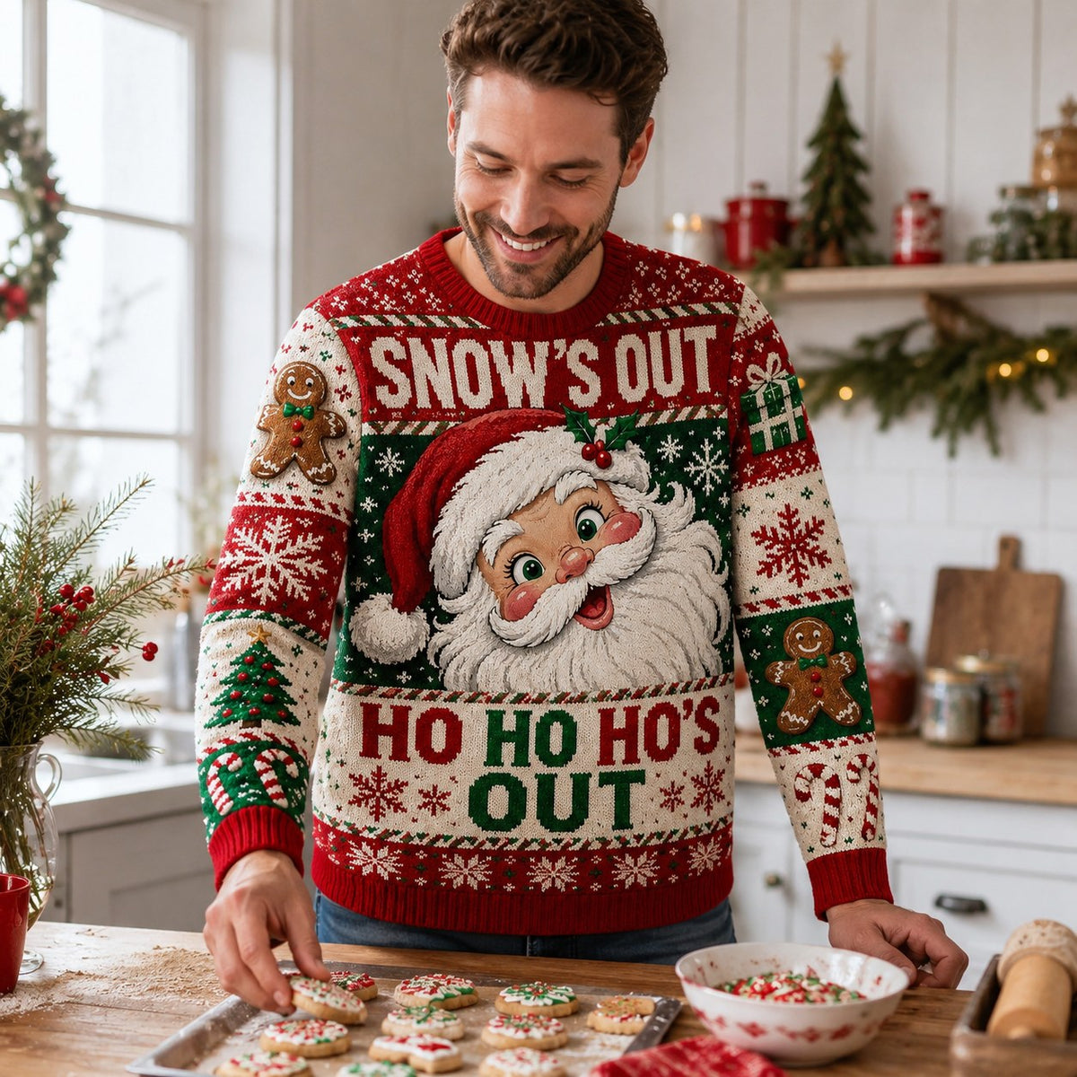 vintage santa ugly christmas sweater decorating cookies in a kitchen