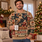 man wearing ugly christmas sweater with and santa playing basketball in festive