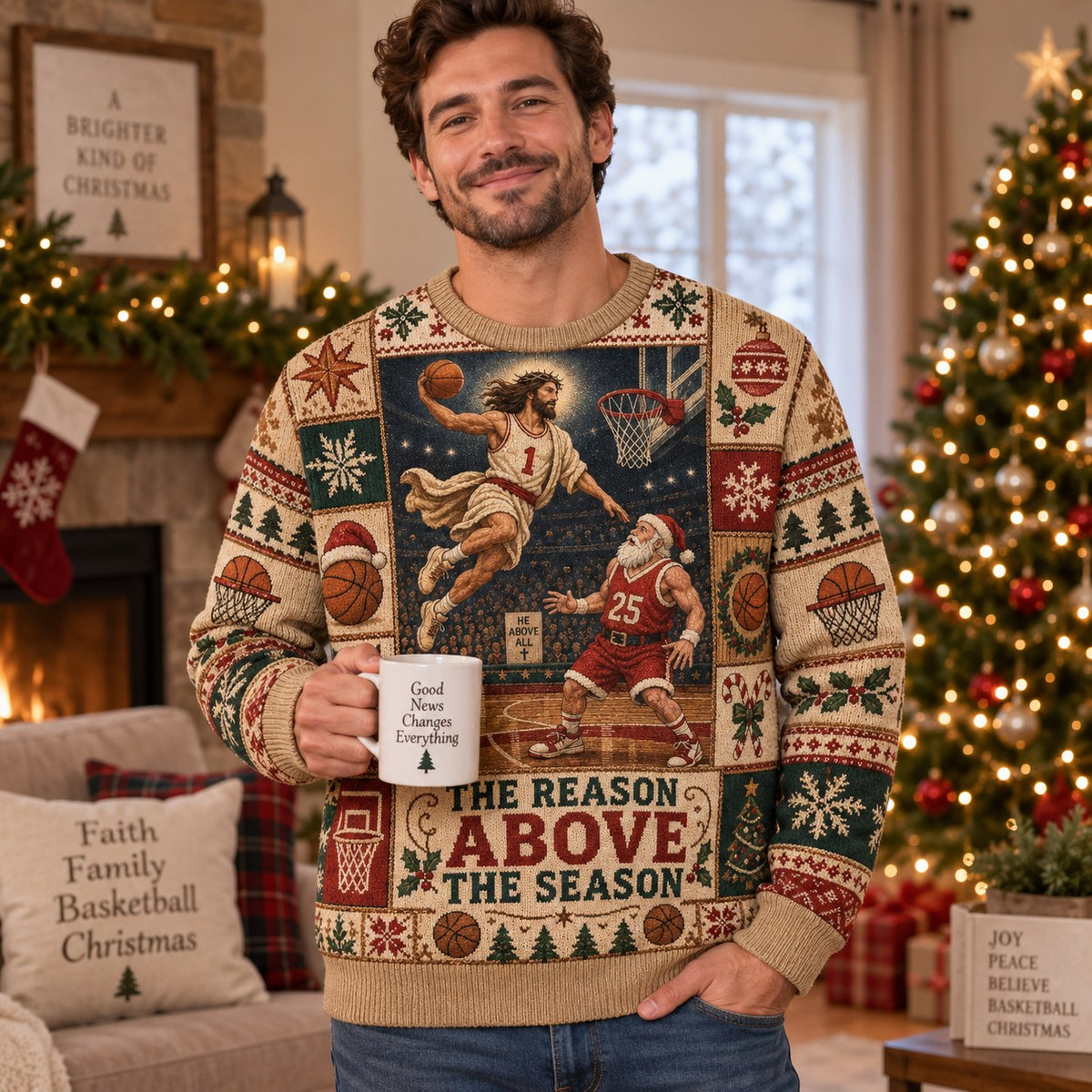 man wearing ugly christmas sweater with and santa playing basketball in festive