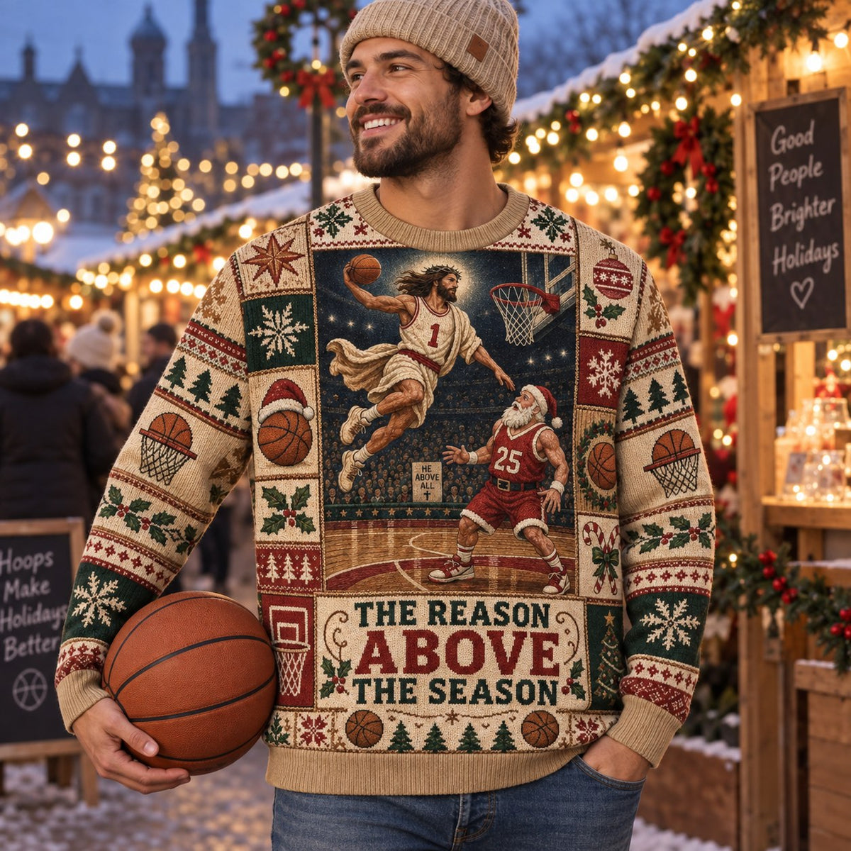 smiling man in beanie wearing and santa basketball ugly christmas sweater at