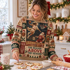 woman decorating christmas cookies wearing vs santa all over print sweater in