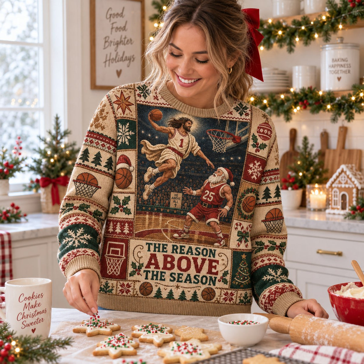 woman decorating christmas cookies wearing vs santa all over print sweater in
