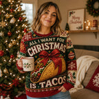 woman wearing an all over print ugly christmas sweater with taco design