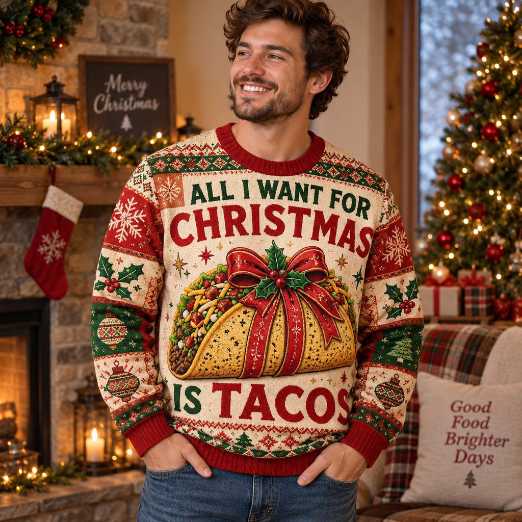 man wearing a red and green ugly christmas sweater with a taco