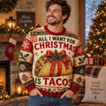 man wearing a red and green ugly christmas sweater with a taco
