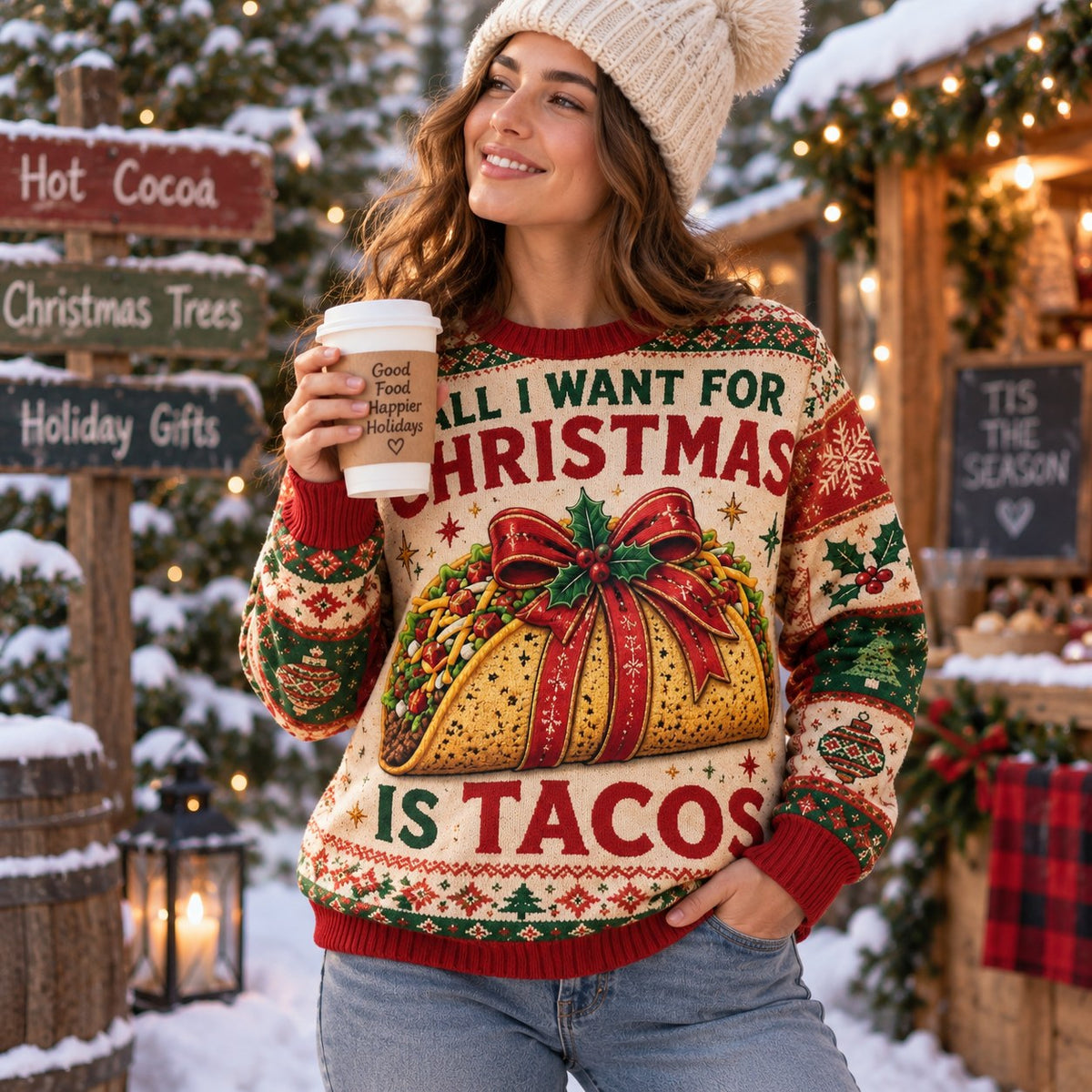 woman in a white beanie holding a hot cocoa cup beside a