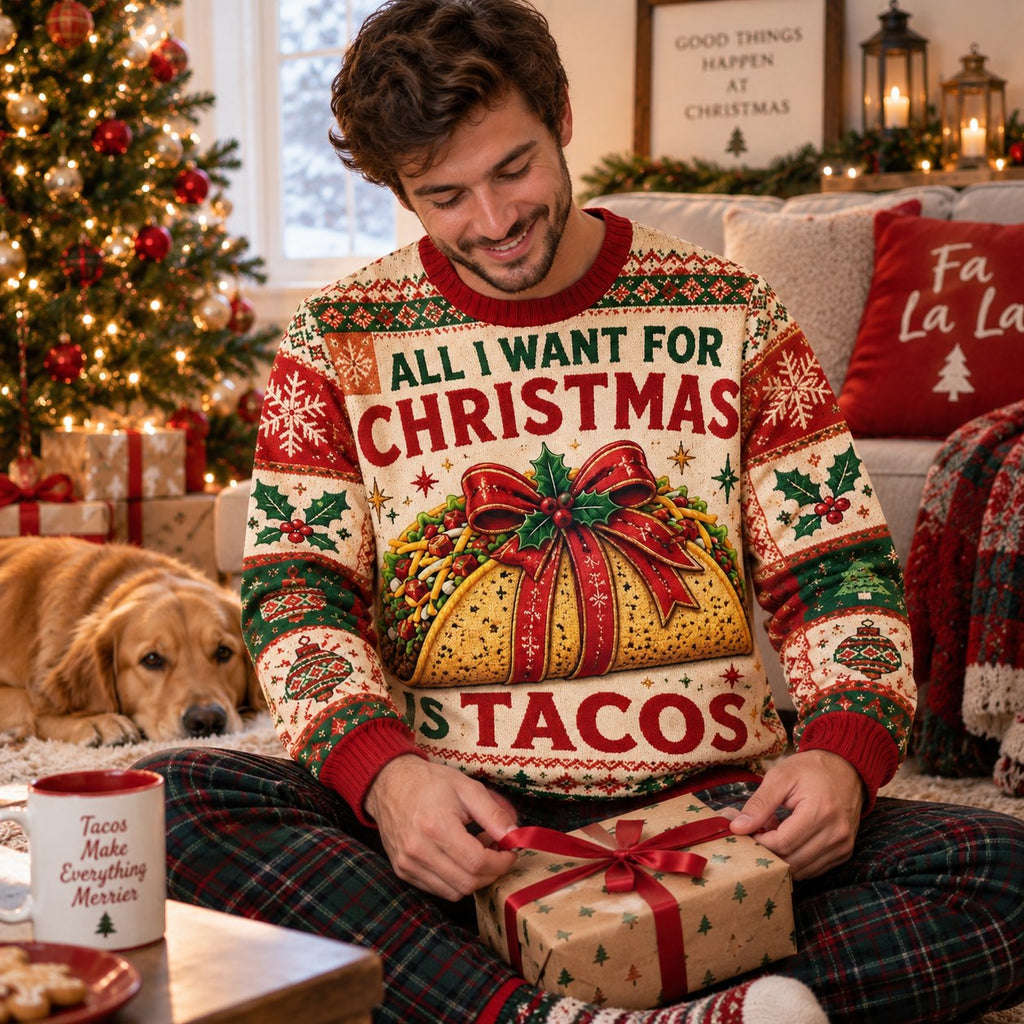 man in plaid pajama pants unwrapping a gift with a golden retriever