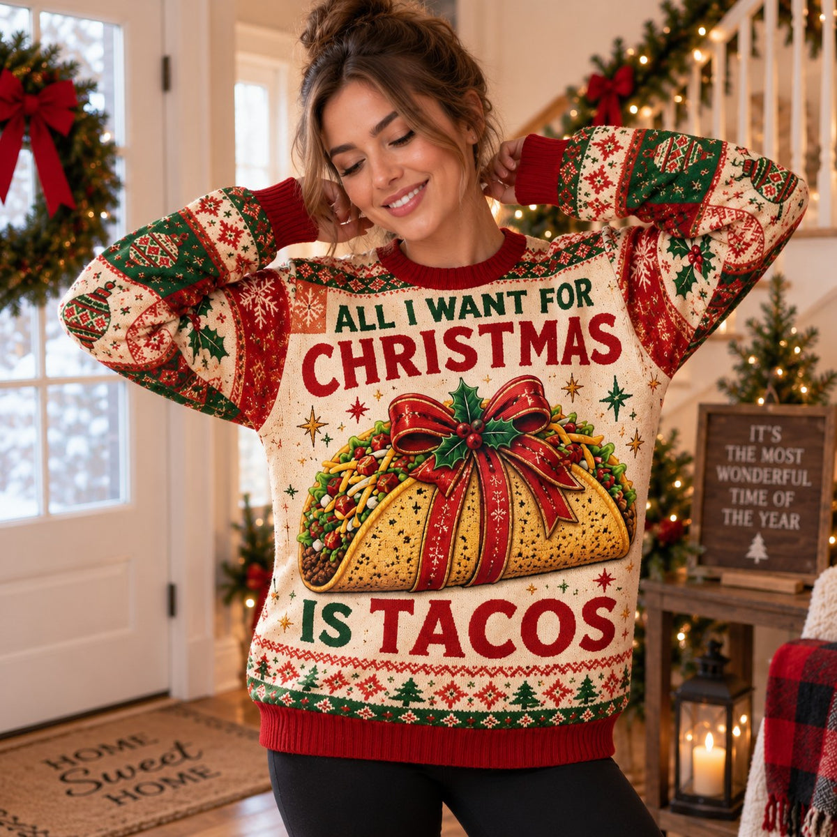 All I Want For Christmas Is Tacos Ugly Christmas Sweater, Funny Holiday Foodie Jumper, Xmas Party Taco Sweatshirt Gifts For Her And Him