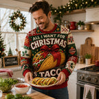 man holding tacos in a kitchen wearing an ugly christmas sweater with