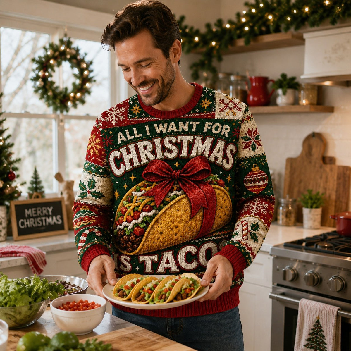 man holding tacos in a kitchen wearing an ugly christmas sweater with