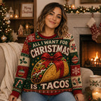 woman sitting by the fireplace in an all over print ugly christmas