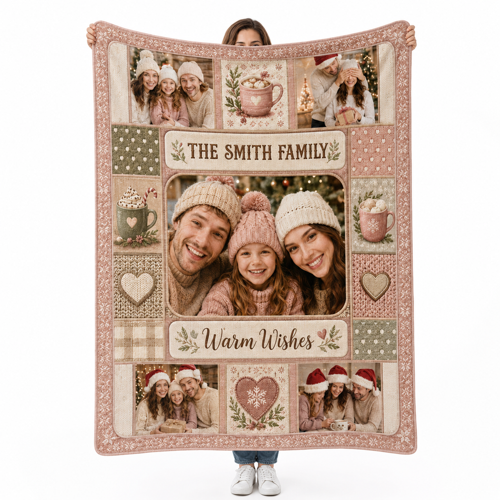 custom family name warm wishes photo collage fleece blanket, person holding
