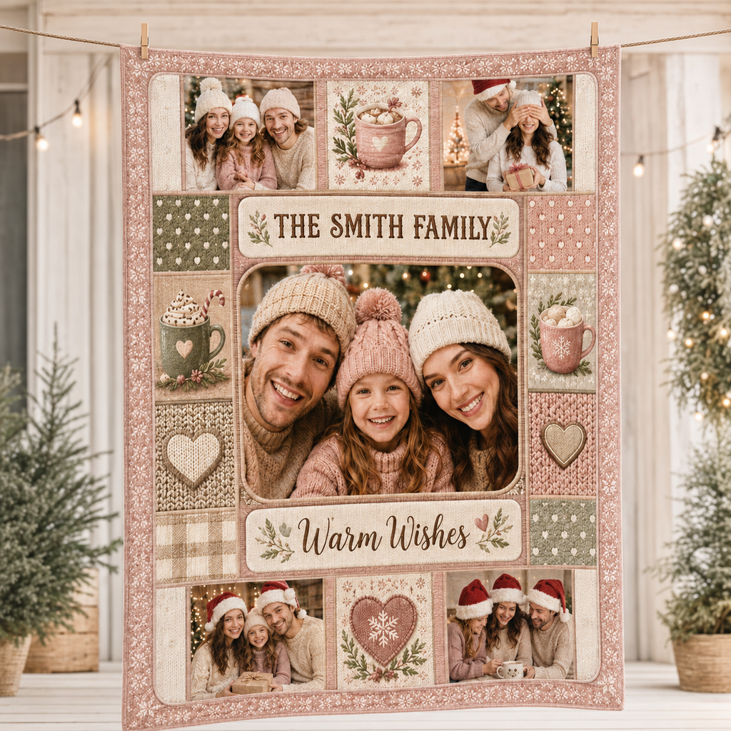 warm wishes photo collage blanket hanging on a line above a christmas