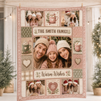 warm wishes photo collage blanket hanging on a line above a christmas