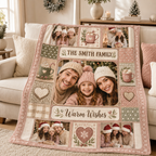 custom family photo blanket draped over a cream sofa with knit pillows