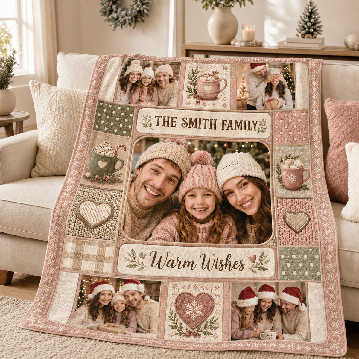 custom family photo blanket draped over a cream sofa with knit pillows